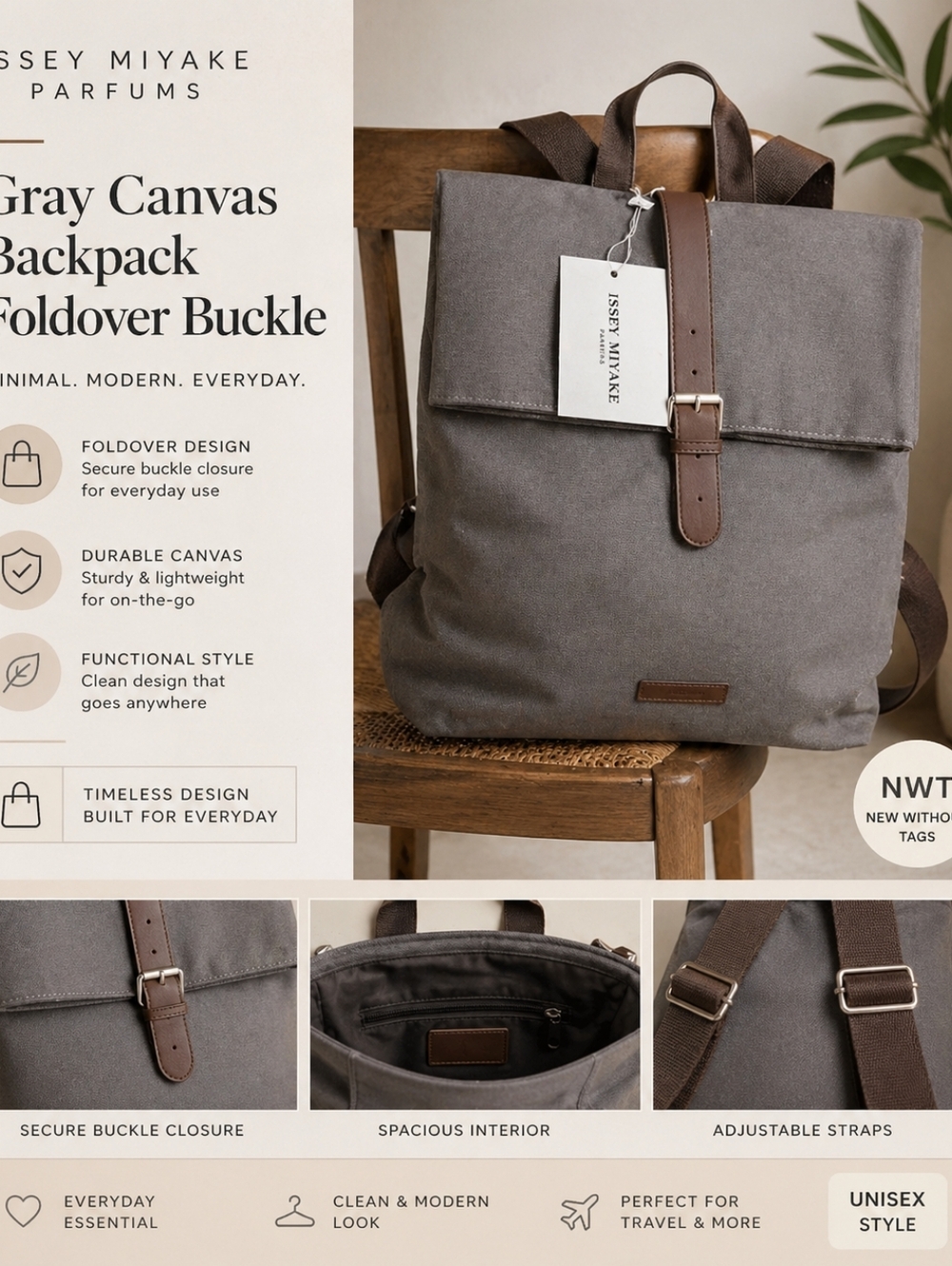 Issey Miyake Parfums Gray Canvas Backpack Foldover Buckle NWT